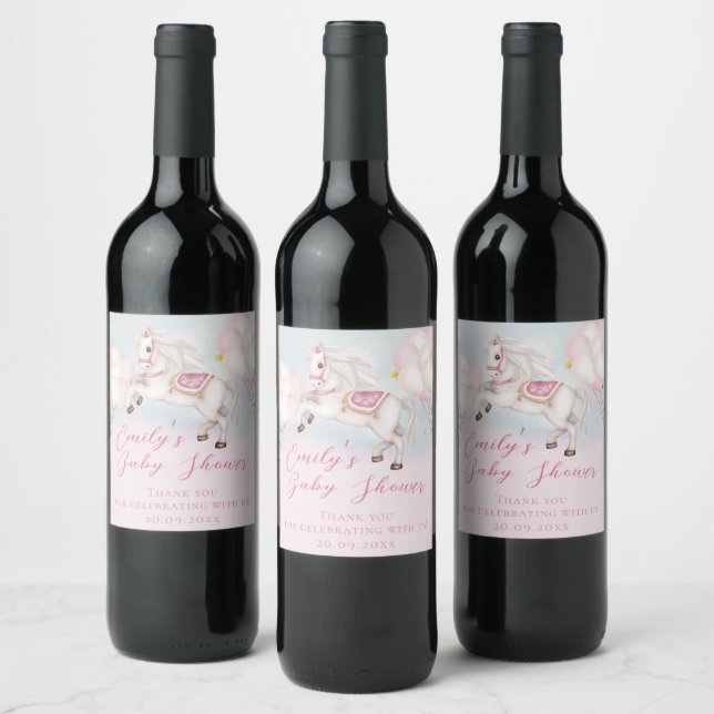 Fairytale baby Pony pink balloons stars Shower Win Wine Label (Bottles)