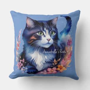 Fairytale Blue Watercolor Kitten Cushion