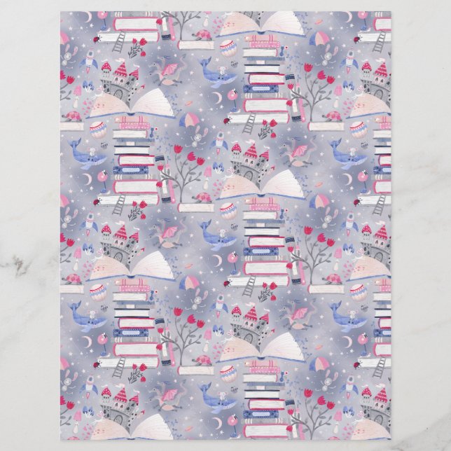 Fairytale Book Castle Grey Scrapbook Paper (Front)