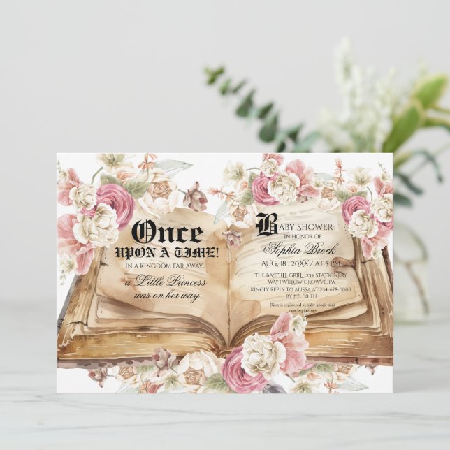 Fairytale Book Pink Rose Floral Baby Shower Invitation (Standing Front)