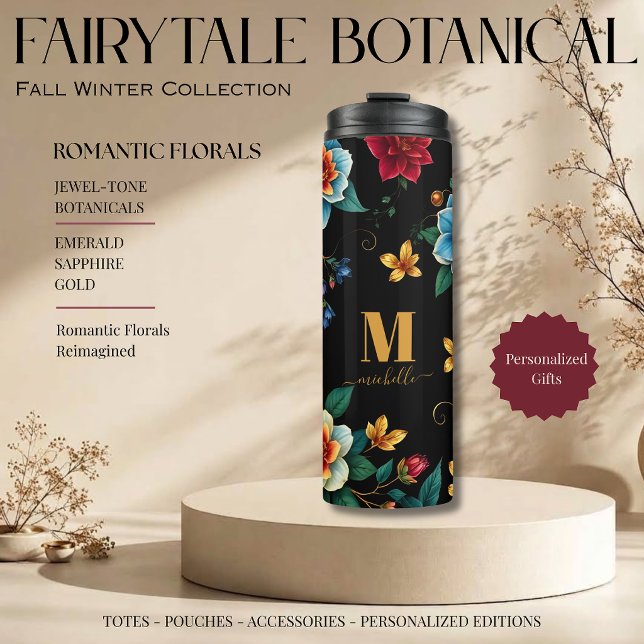 Fairytale Botanical Pattern Monogram Script Thermal Tumbler (Fairytale Botanical Pattern Monogram Script Florals with Vines Jewel Tones Emerald Sapphire Gold )