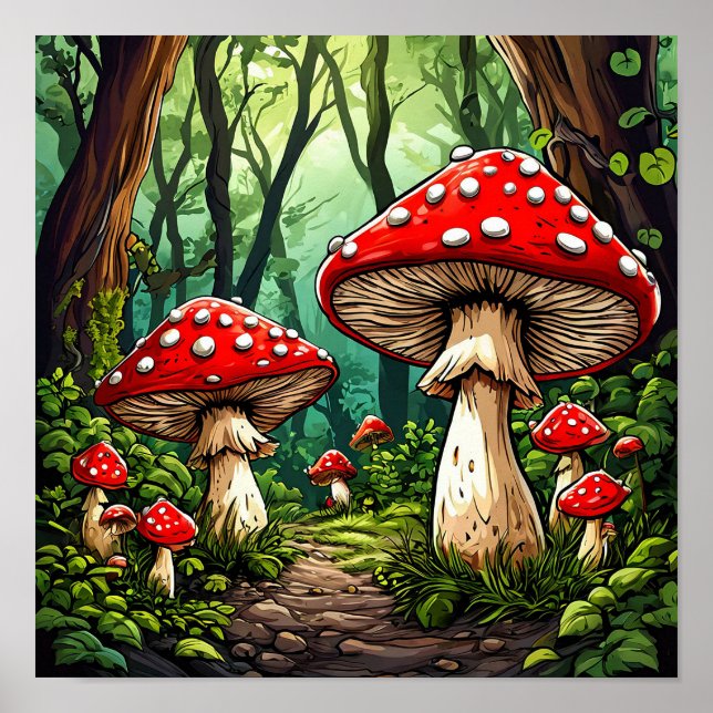 🍄 Fairytale Cartoon Mushrooms Enchanted Forest  Poster (Front)