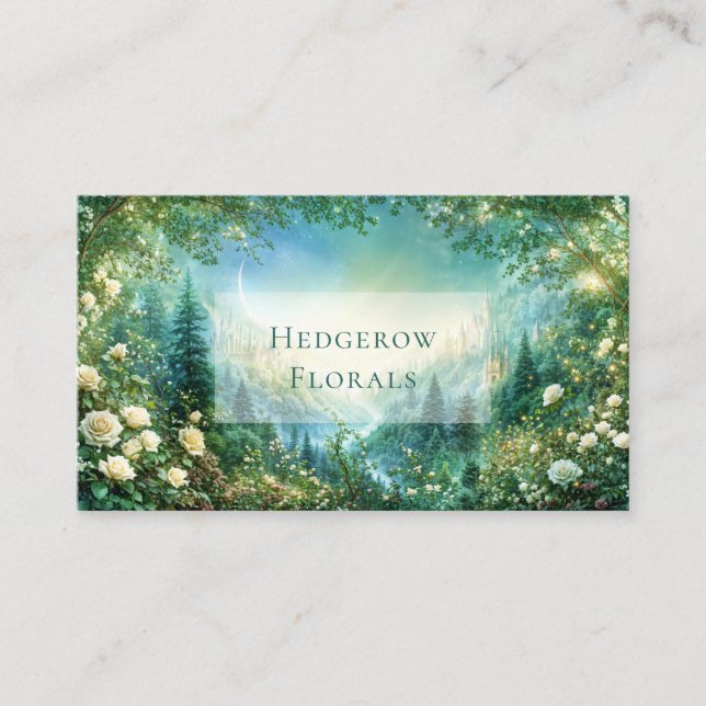 Fairytale Castle and Lush Rose Floral Valley Business Card (Front)