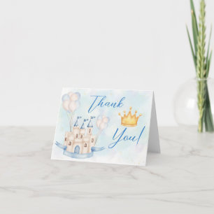 Fairytale castle crown blue balloons boy thank you card