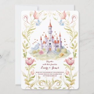 Fairytale Castle Pastel Watercolor Floral Wedding Invitation