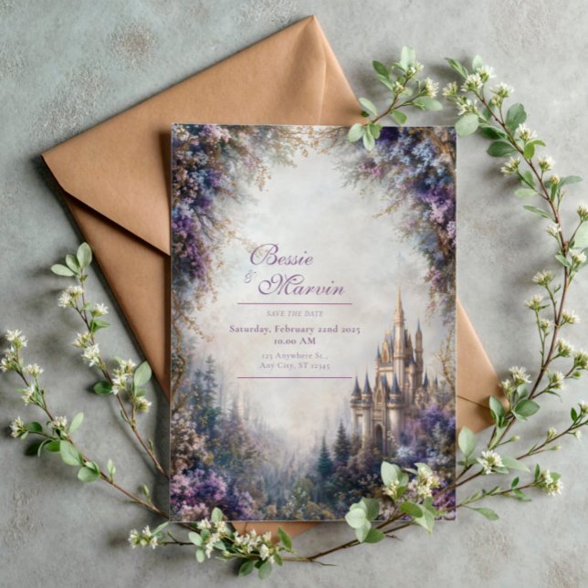 Fairytale Castle Purple Floral Misty Wedding Invitation (Creator Uploaded)