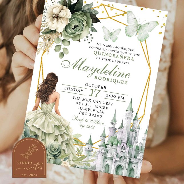 Fairytale Castle Sage Green Floral Quinceanera Invitation (Creator Uploaded)