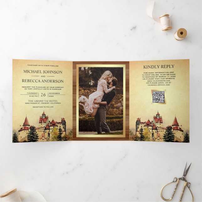 Fairytale Castle Storybook QR Code Wedding Tri-Fold Invitation (Inside)