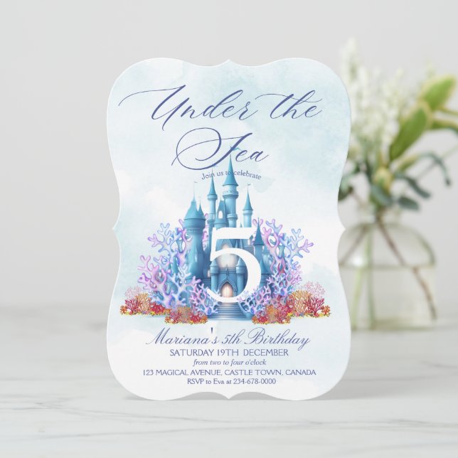 Fairytale Castle Underwater Watercolor Birthday  Invitation (Standing Front)