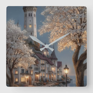 Fairytale Coastal Castle & Blooming Trees Wall Square Wall Clock