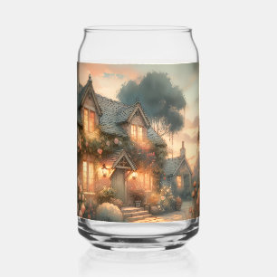 Fairytale Cottage at Sunset with Roses Can Glass