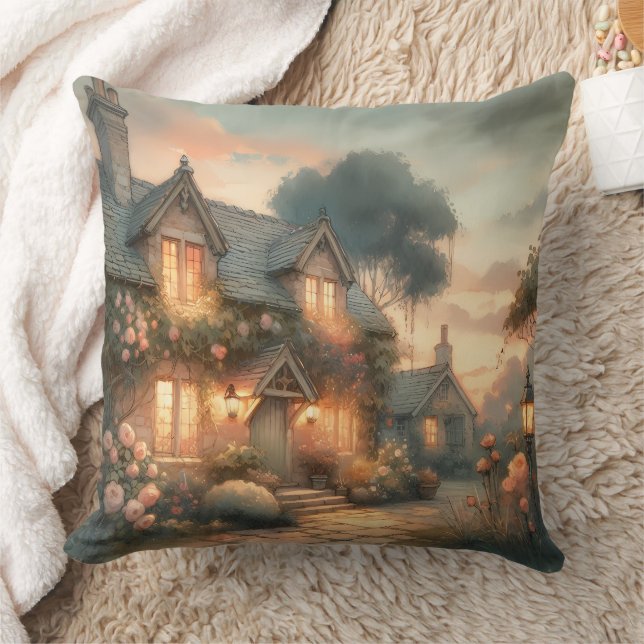 Fairytale Cottage at Sunset with Roses Cushion (Blanket)