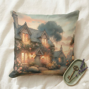 Fairytale Cottage at Sunset with Roses Cushion