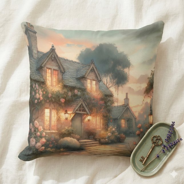 Fairytale Cottage at Sunset with Roses Cushion (Fairytale Cottage at Sunset with Roses Throw Pillow Mockup A)
