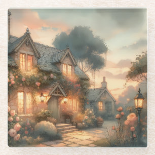 Fairytale Cottage at Sunset with Roses Glass Coaster