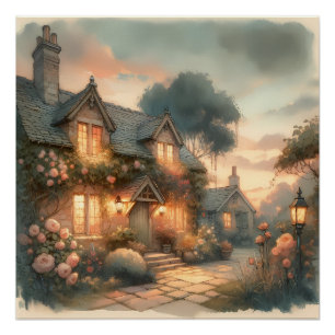 Fairytale Cottage at Sunset with Roses Poster