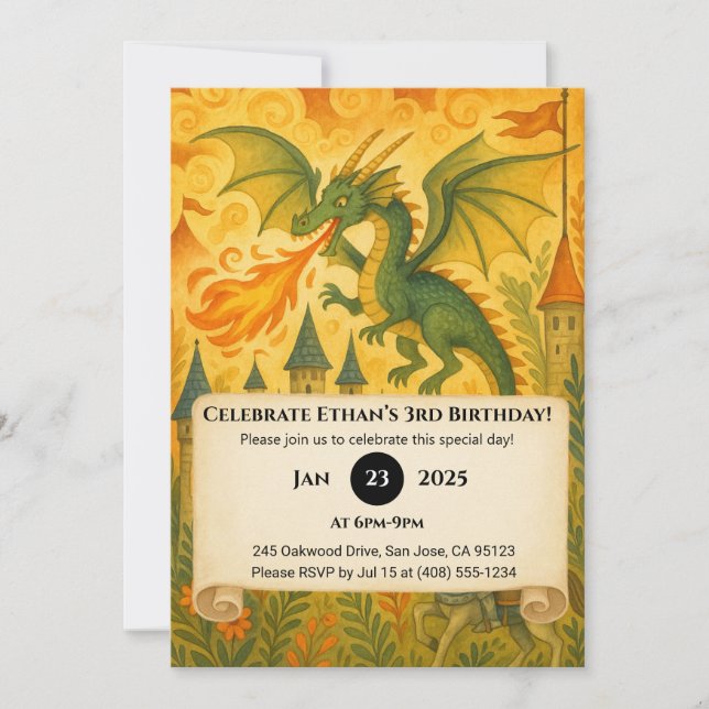 Fairytale Dragon and Knight Illustration Birthday Invitation (Front)