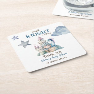 Fairytale Dreamy Dragon Blue Knight Baby Shower Square Paper Coaster