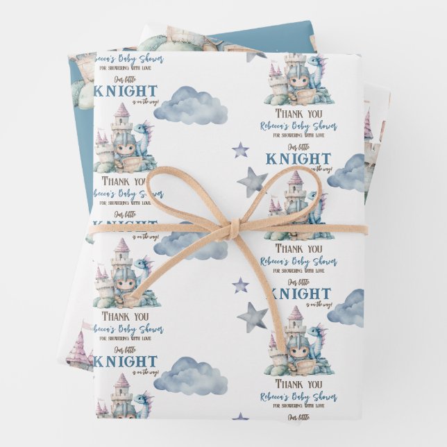 Fairytale Dreamy Dragon Blue Knight Baby Shower  Wrapping Paper Sheet (In situ)