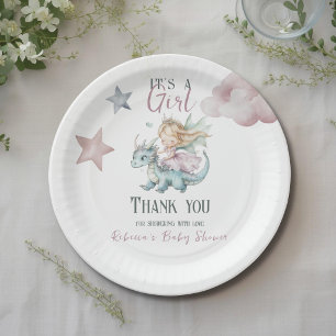 Fairytale Dreamy Dragon Pink Princess Baby Shower Paper Plate