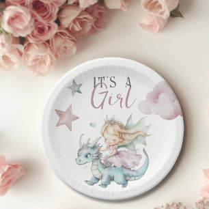Fairytale Dreamy Dragon Pink Princess Baby Shower Paper Plate