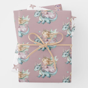 Fairytale Dreamy Dragon Pink Princess Baby Shower Wrapping Paper Sheet