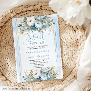 Fairytale Dusty Blue White Gold Flowers Sweet 16  Invitation