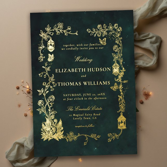 Fairytale Emerald Green Lantern Fairycore Wedding  (fairycore wedding invitation woodland lanterns wild roses vines butterflies ferns emerald green gold)