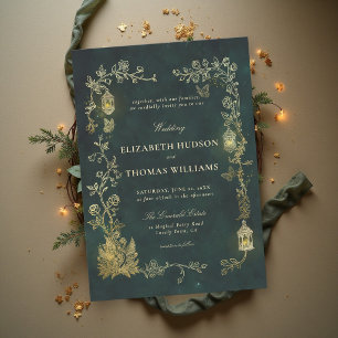 Fairytale Emerald Green Lantern Fairycore Wedding  Invitation