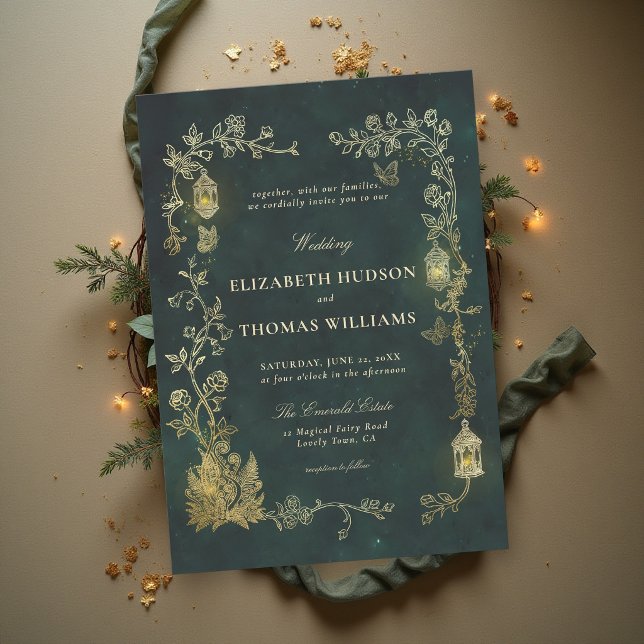 Fairytale Emerald Green Lantern Fairycore Wedding  Invitation (fairytale wedding invitation enchanted forest woodland fairycore lanterns emerald green gold)