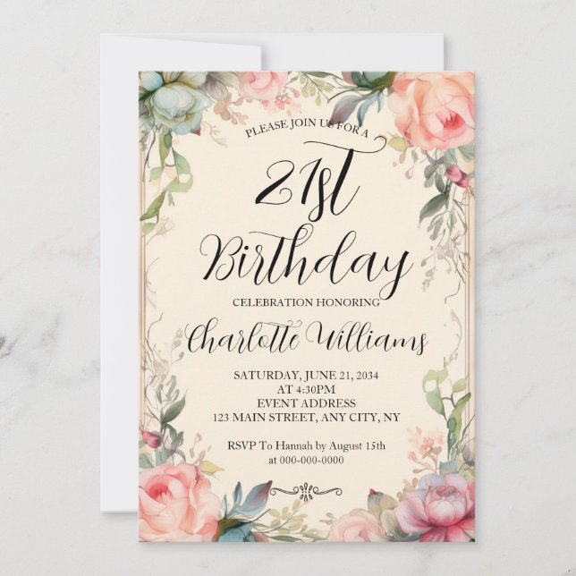 Fairytale Floral 21st Birthday Invitation (Front)