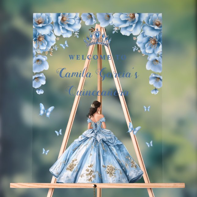 Fairytale Floral Dusty Blue Quinceañera Welcome Acrylic Sign (Neutral)