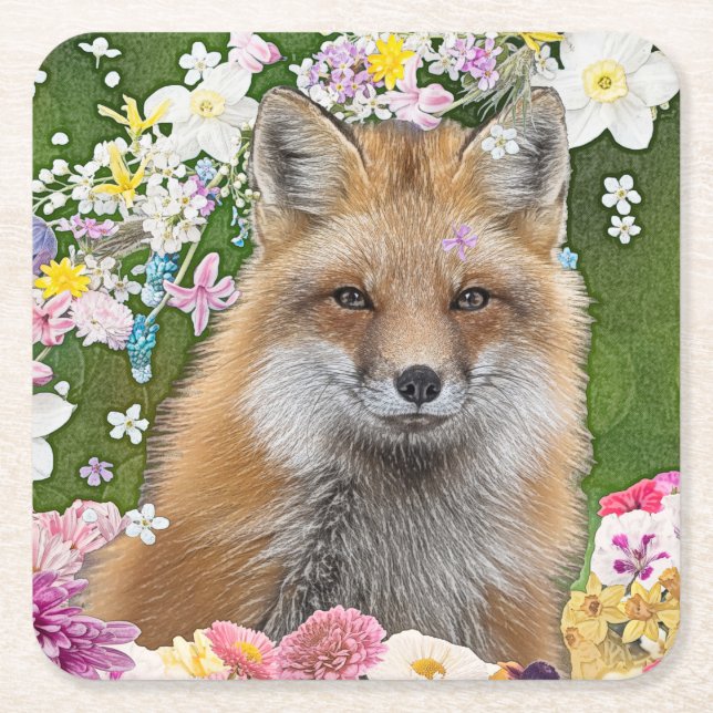 Fairytale Fox in Field of Flowers Square Paper Coaster (Front)
