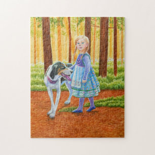 Fairytale Girl with Hound in Forest Jigsaw Puzzle