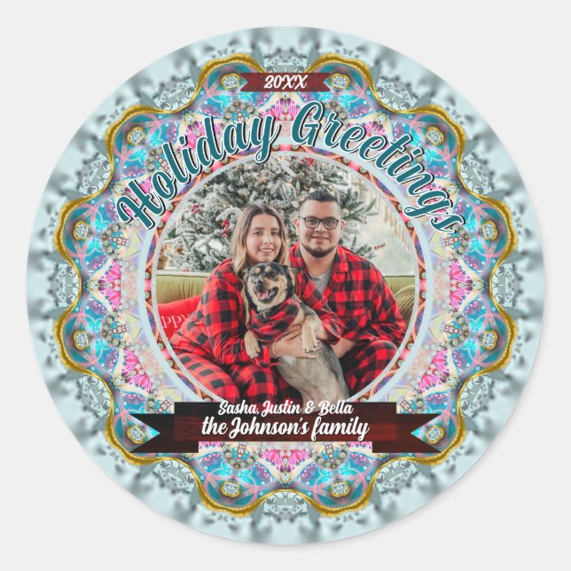 Fairytale Holiday Greetings Custom Photo Classic Round Sticker (Front)