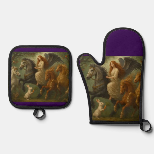 Fairytale Horses & Angel Oven Mitt and Pot Holders Oven Mitt & Pot Holder Set (Front)