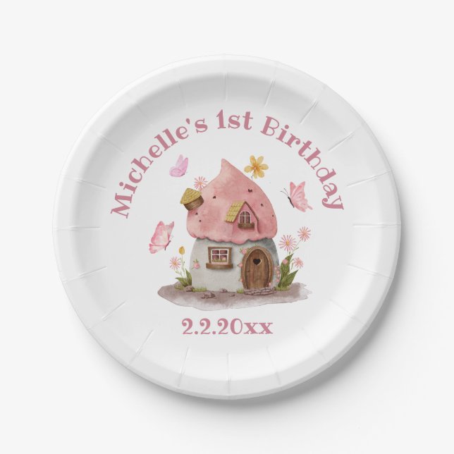  Fairytale house 1st birthday pink cute chic Paper Plate (Front)