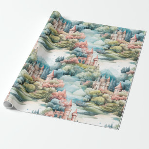 Fairytale in Fairyland Castles Pastel Pink Blue  Wrapping Paper