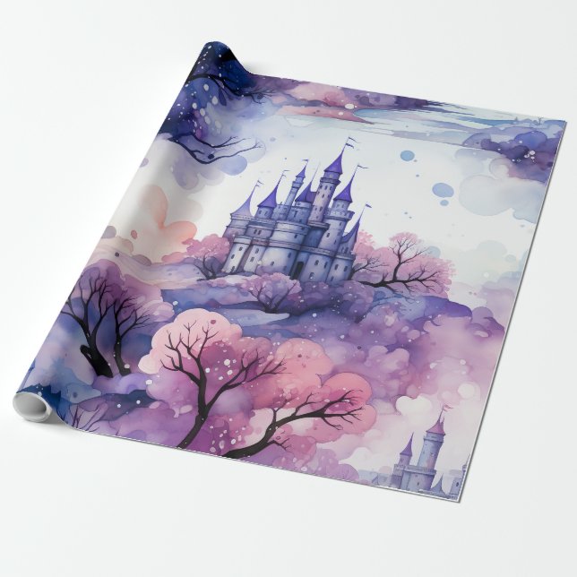 Fairytale in Fairyland Dark Blue Purple and Pink Wrapping Paper (Unrolled)
