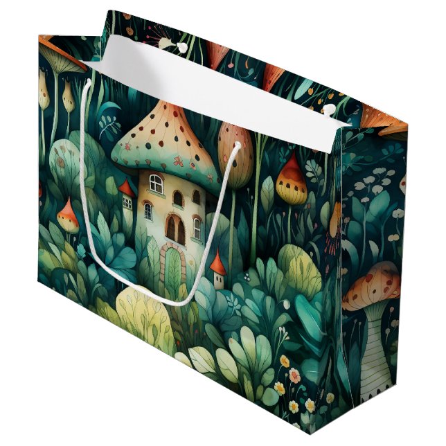 Fairytale in Fairyland Mushroom House Green Orange Large Gift Bag (Front Angled)