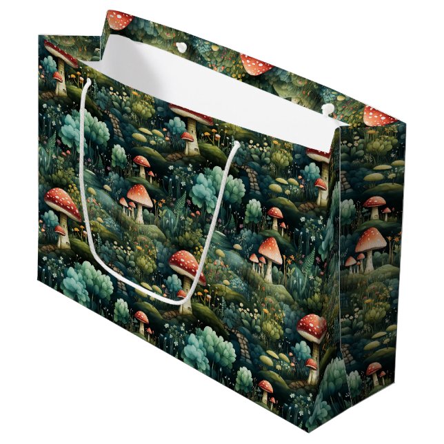 Fairytale in Fairyland Mushroom House Green Orange Large Gift Bag (Front Angled)