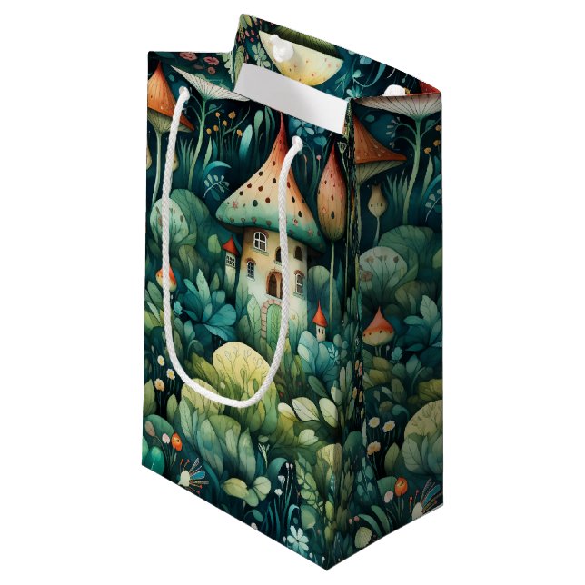 Fairytale in Fairyland Mushroom House Green Orange Small Gift Bag (Front Angled)