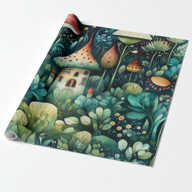 Fairytale in Fairyland Mushroom House Green Orange Wrapping Paper (Unrolled)