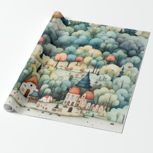 Fairytale in Fairyland Village Green and Orange Wrapping Paper