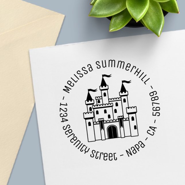 Fairytale Mediaeval Castle Return Round Address Self-inking Stamp (Creator Uploaded)