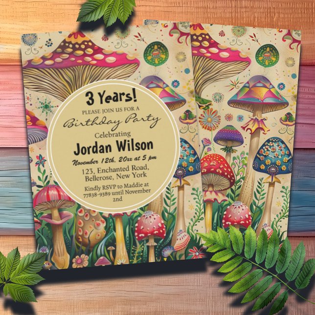 Fairytale Mushrooms 3rd Birthday Party Invitation (Creator Uploaded)