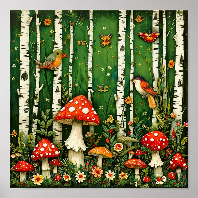 🍄 Fairytale Mushrooms And Birds Enchanted Forest  Poster (Front)