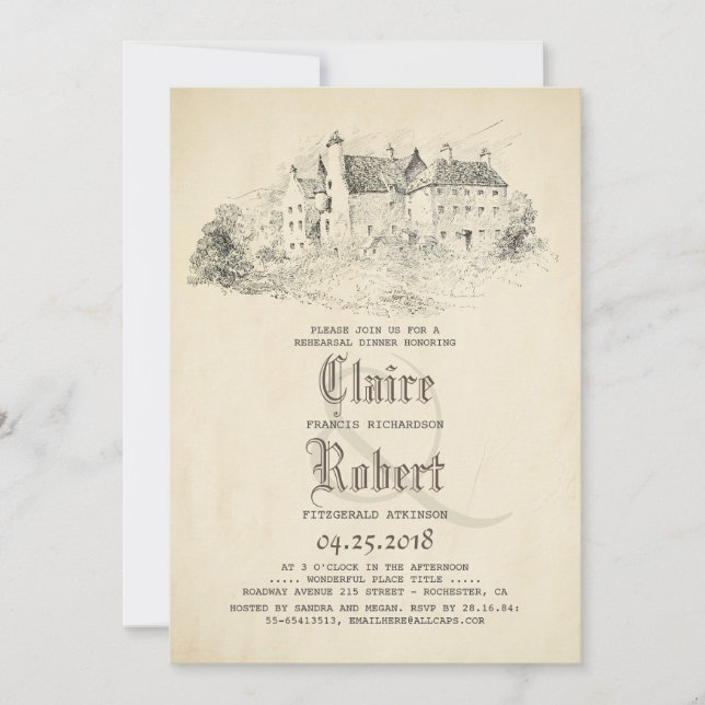 Fairytale Old Castle Vintage Rehearsal Dinner Invitation (Front)