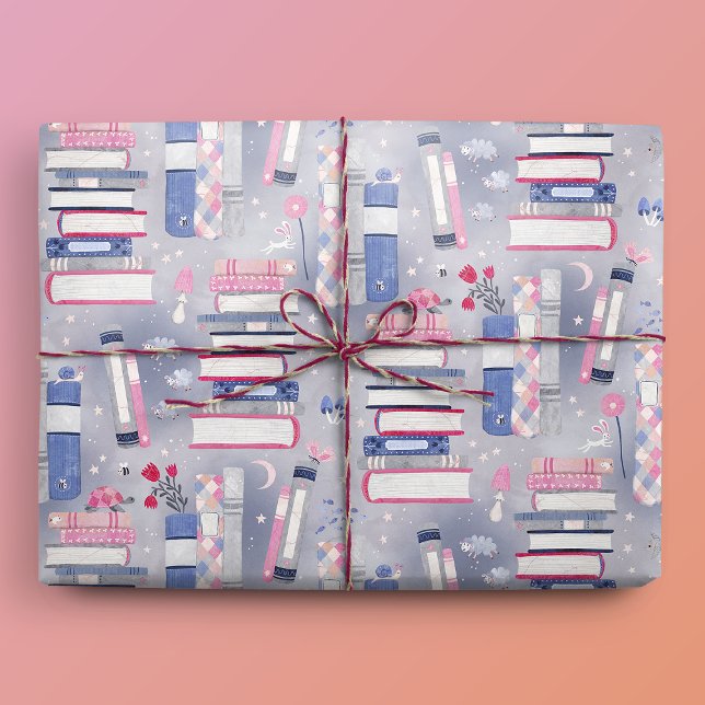 Fairytale Pile of Books Grey Wrapping Paper (Gift Mockup)