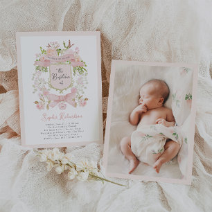 Fairytale Pink Flowers and Crest   Photo Baptism Invitation